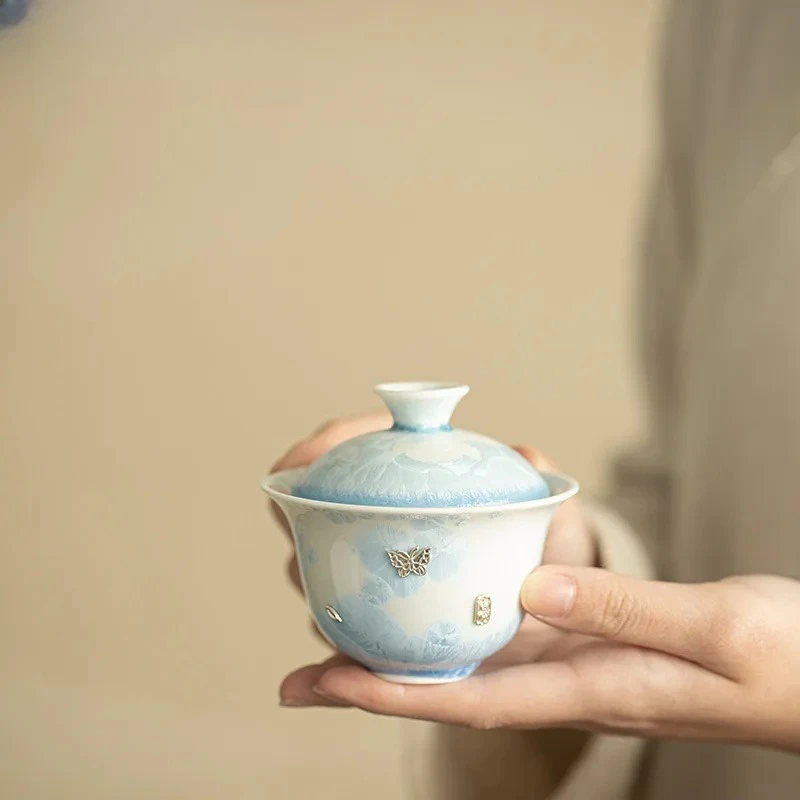 

100ml Kiln Fambe Crystal Glaze Silver Butterfly Gaiwan Retro Tureen Tea Bowl With Lid Kit Maker Cover Bowl For Tea Craft