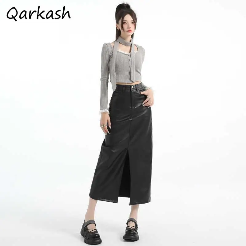 Midi Pu-leather Skirts for Women New Autumn Slit Niche Design High Waist Hip-covering Slim A-line Chic Cool Girls Personality