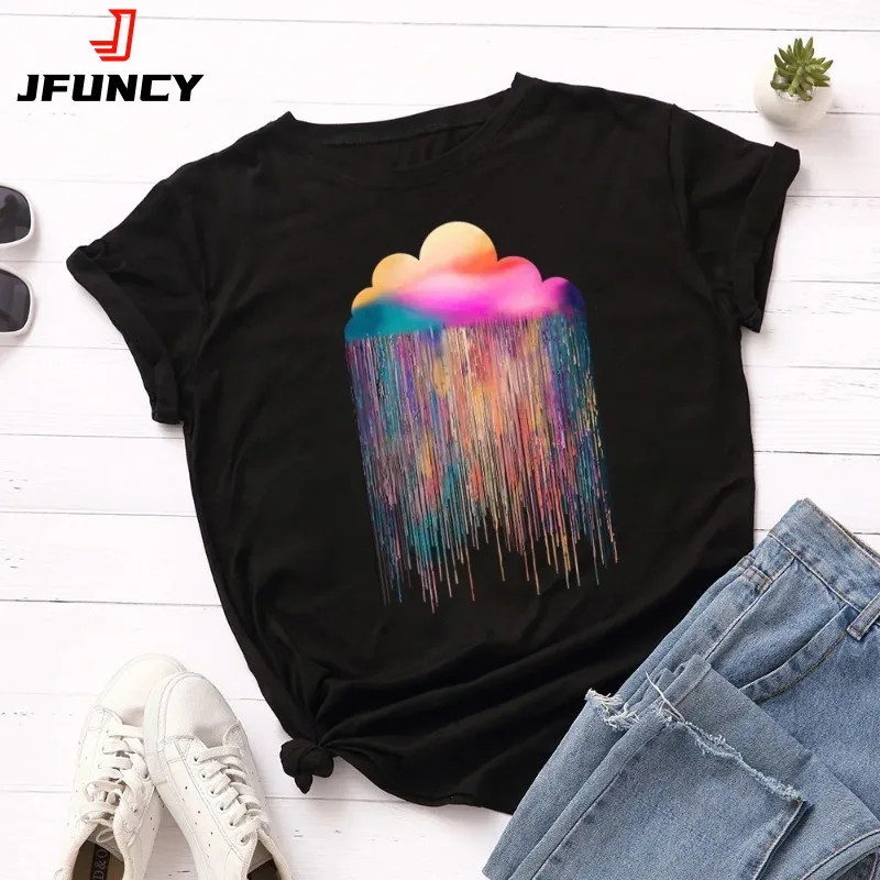 

Футболка JFUNCY женская с рисунком цветных дождя и облаков, топ с коротким рукавом, хлопковая рубашка, одежда на лето, 2024