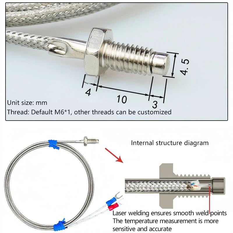 K-type and E-type thermocouple temperature sensors, compression spring type and screw type sensors