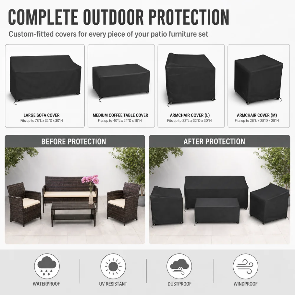 4pcs/Set Patio Furniture Covers, Heavy Duty Waterproof Outdoor Furniture Covers, Rattan Outdoor Furniture Windproof