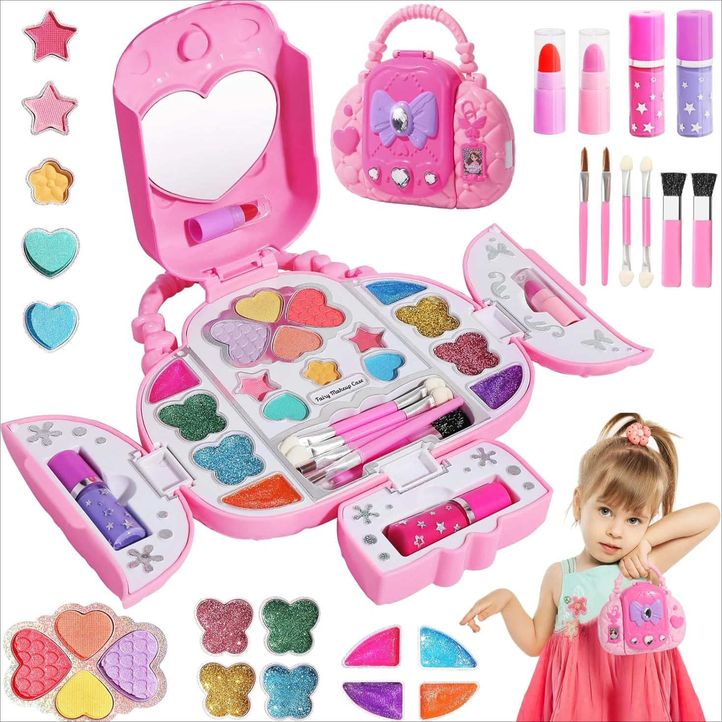 Echte waschbare Make-up-Sets für Kinder für Mädchen mit Spiegeln, modisches Handtaschenaufbewahrungsdesign, Prinzessinnenspielzeug-Kosmetikset, Geschenke