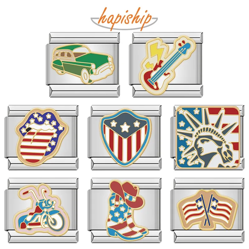 Hapiship Modulare Emaille-Anhänger im amerikanischen Stil, BFF-Geschenk, USA-Flagge, Gitarre, Freiheitsstatue, passend für 9mm italienische Armbänder, DJ1828-A
