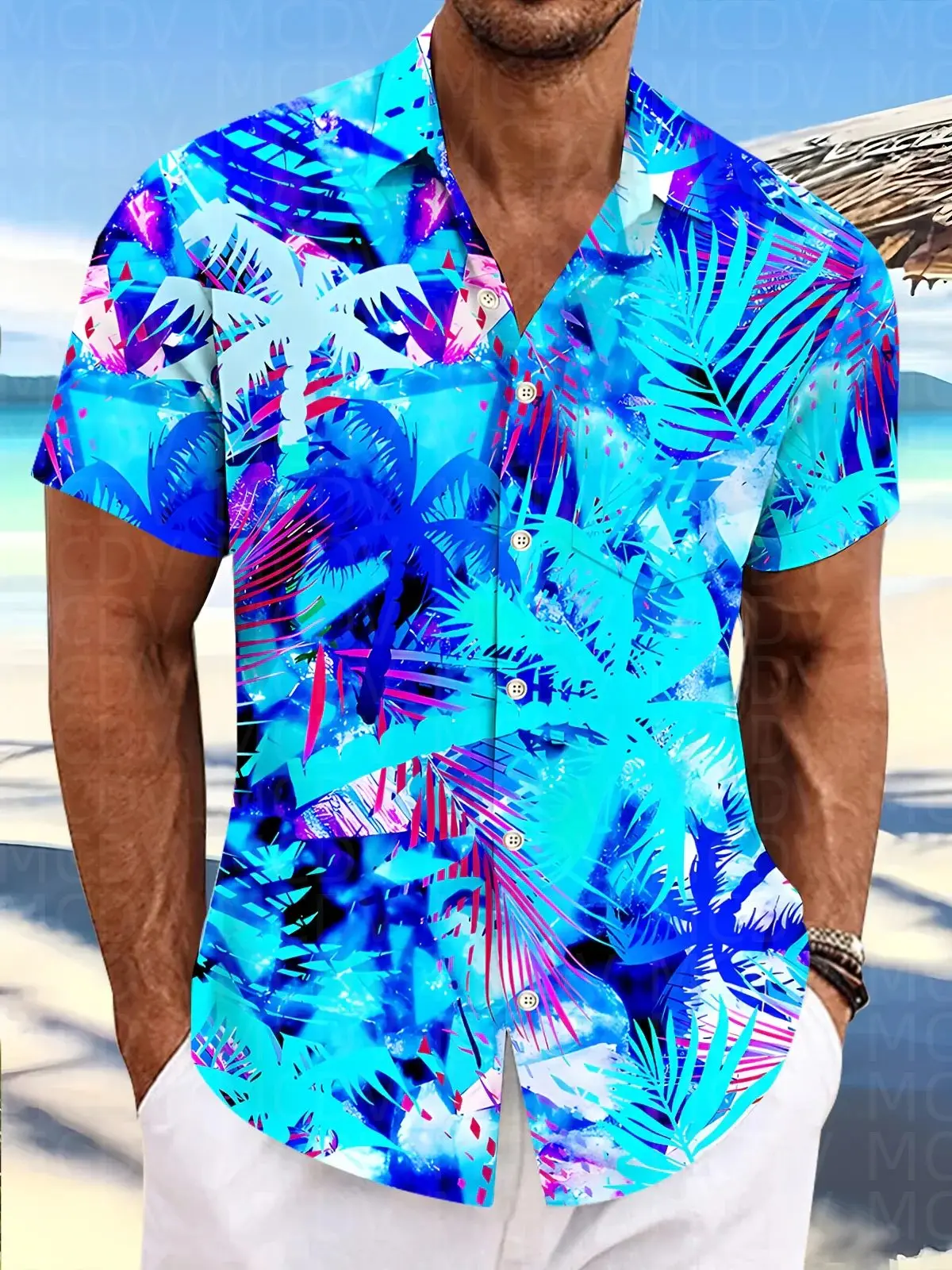 Blue Pattern Men's Hawaiian Shirt Stretch Easy Care Camp Shirt Big Tall