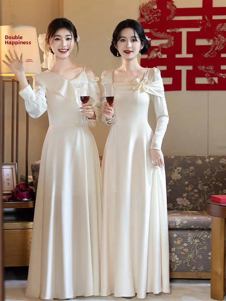 

Новое атласное платье цвета шампань 2025 года для подружек невесты, простое, элегантное, приталенное, в корейском стиле, с завышенной талией, L...