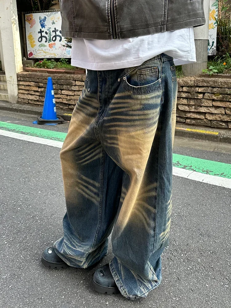 New Vintage Wide-leg Jeans Vintage Washed Yellow Do Old Classic Y2K Pants Nostalgia Loose Straight Pants Korean Streetwear Men's