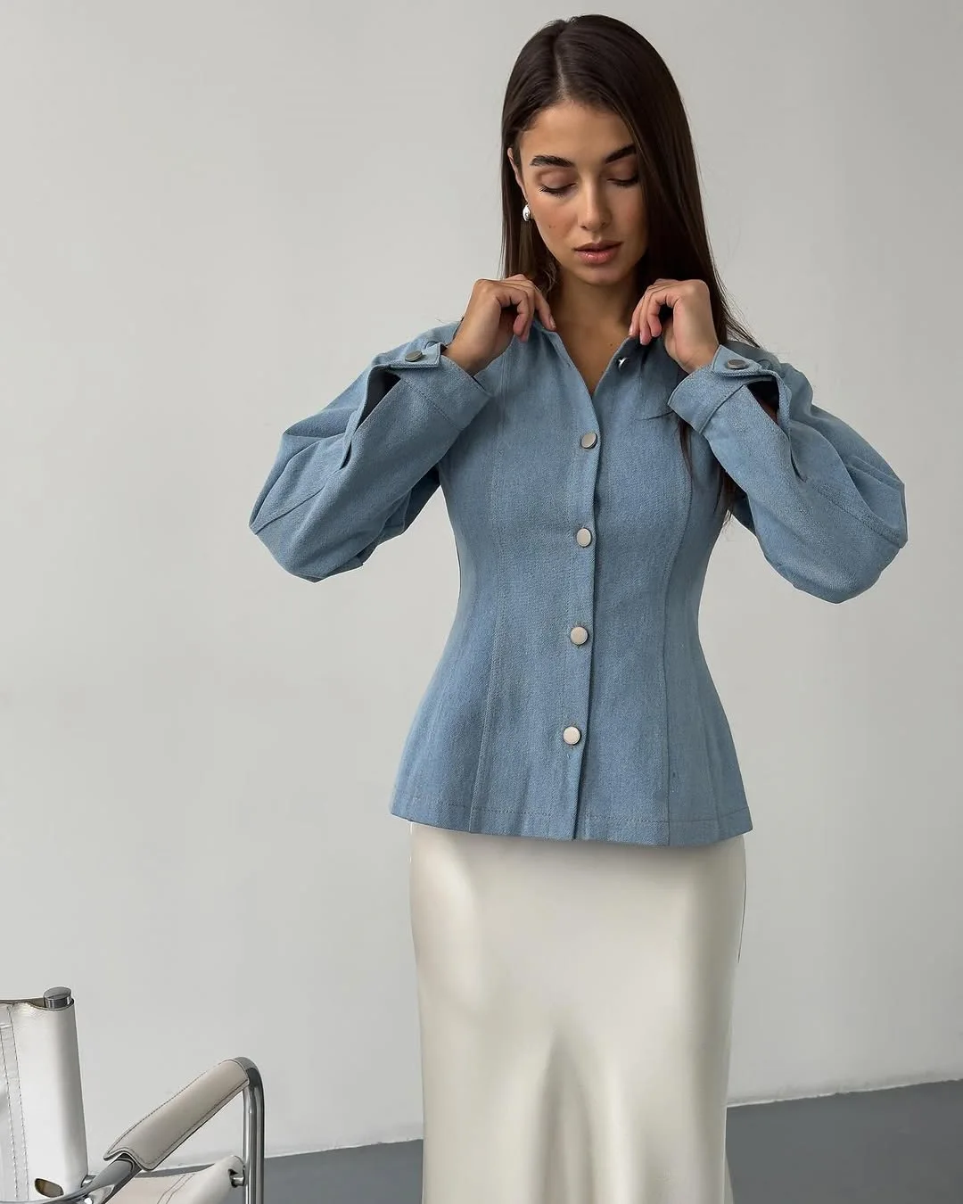 European American Women's Clothing 2025, Spring New Style Coats,Lapel Slimming,  Button Down, Long Sleeve Denim Jacket Shirt