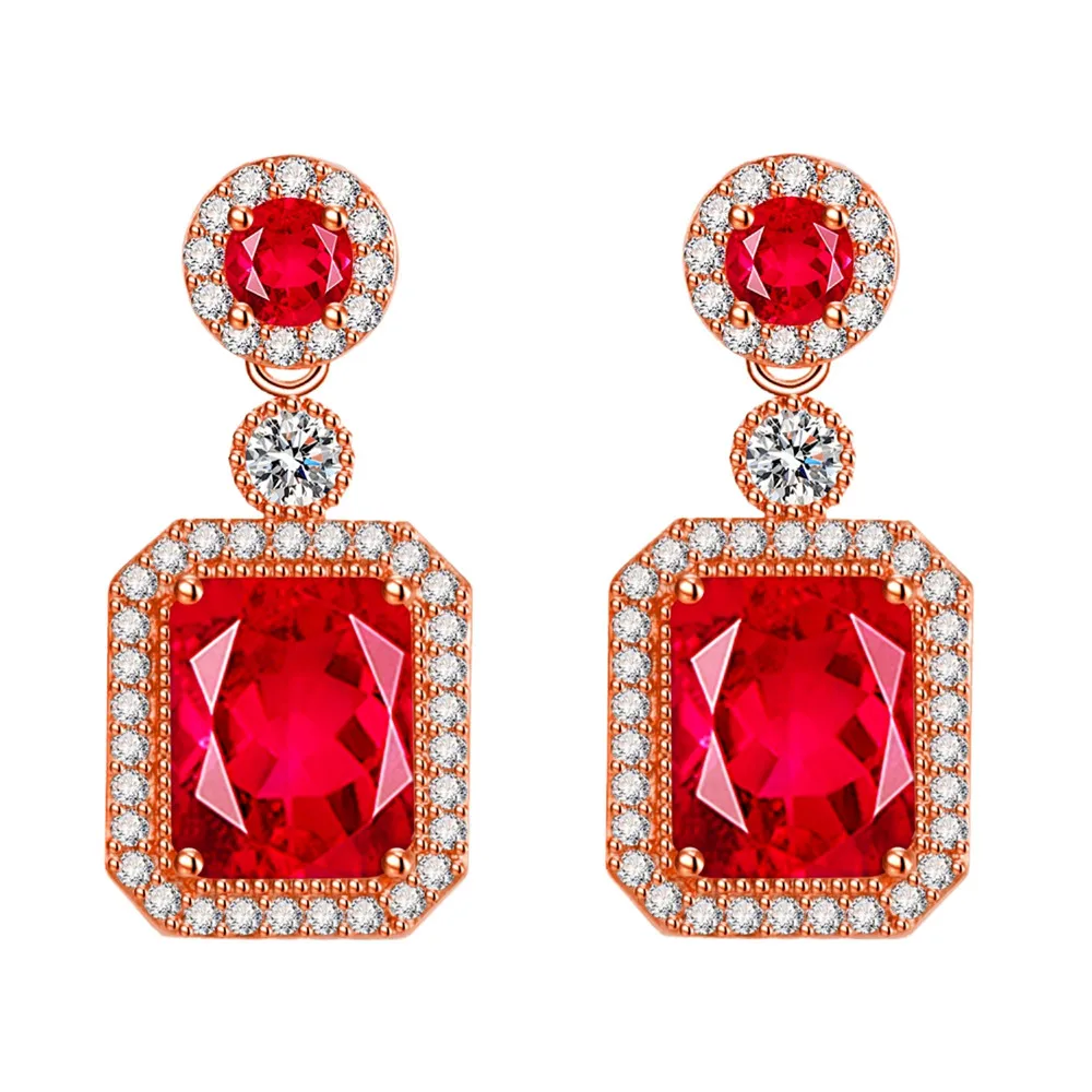 Classical Square Red Green Crystal Ruby Emerald Gemstones Diamonds Drop Earrings for Women 18k Rose Gold Filled Fine Jewelry New