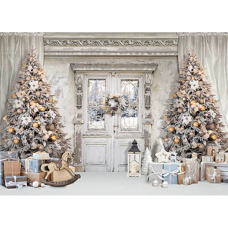 Arbre de Noël Présente Fleur Couronne Photographie Backrops Fenêtre Rose Maison Porte Travailleurs Nouvel An Photo Fond DRG-02
