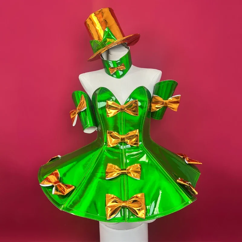 녹색 빨간색 나비넥타이 파티 드레스 모자 섹시한 고고 댄서 의상 여성 코스프레 축제 의상 무대 공연 레이브 의류 XS7276