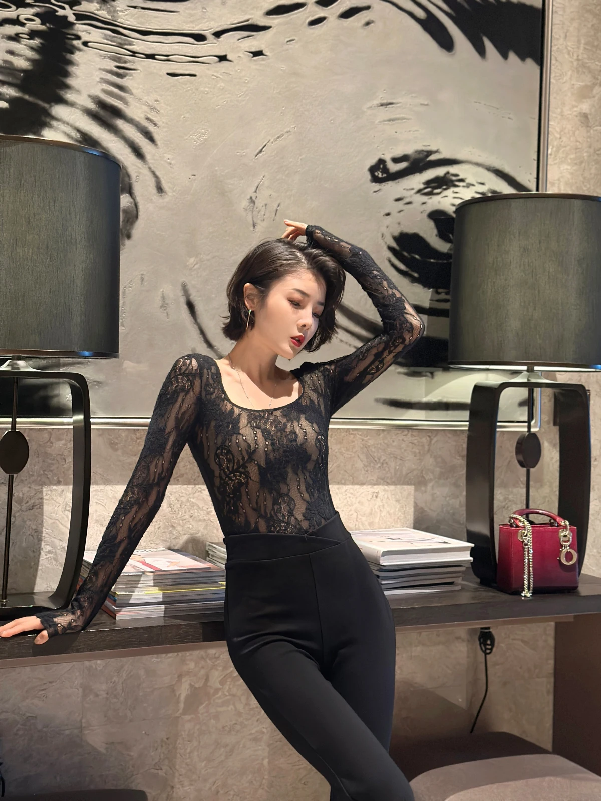 

Оригинальный дизайн XULU: Прозрачный кружевной топ с длинными рукавами и круглым вырезом, облегающий, универсальный, сексуальный, модный, для женщин