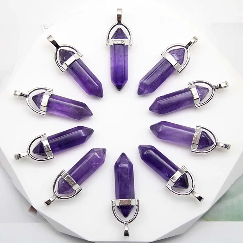 Amethyst Pendant Natural Stone Crystal Pillar Pendulum Pendants Necklaces for Making Jewelry 12 24 36 Pcs Accessories Wholesale