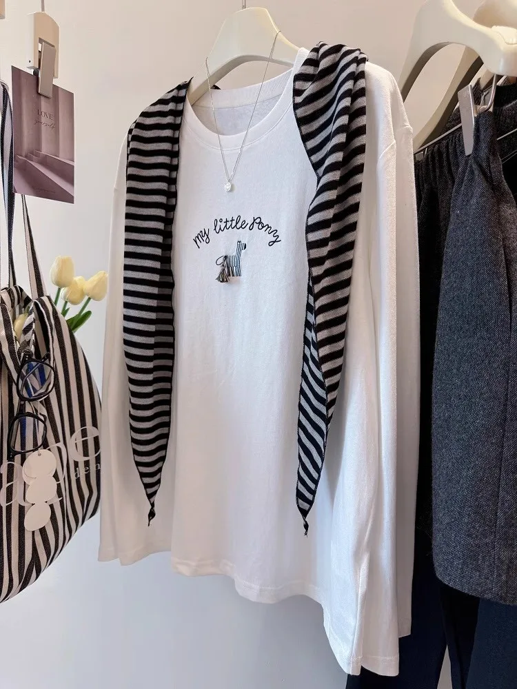 大きいサイズ 300ポウ インス ロングスリーブTシャツ レディース 秋 ストライプ 刺繍入り ツーピースセット 韓国風