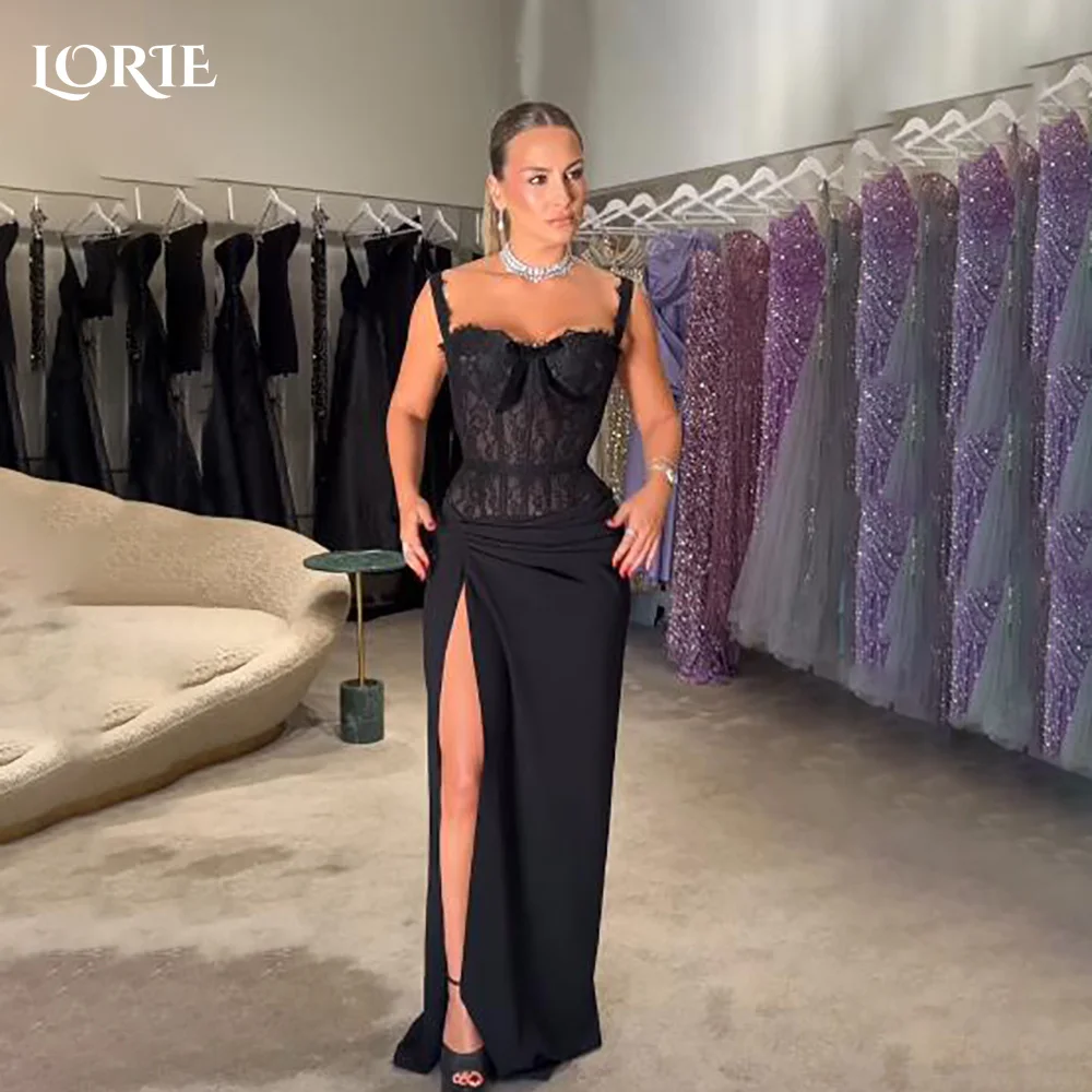 

LORIE Black Lace Arabia Evening Dress Shiny Pleats Floor Length Mermaid Prom Dresses Pleats Illsion Arabia Party Gown Customized