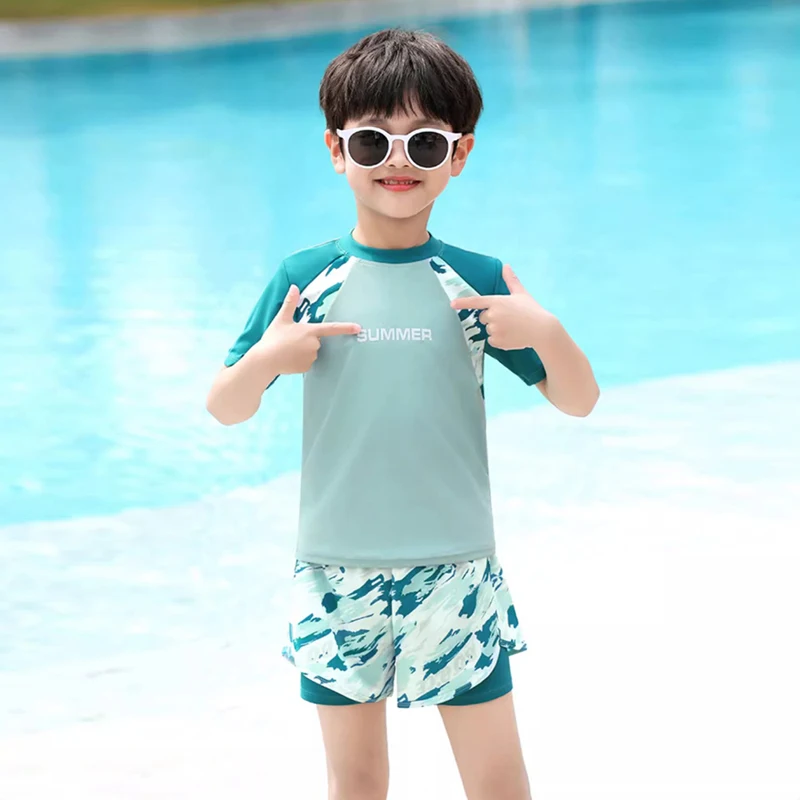 

Купальники для мальчиков, купальник из 2 предметов, детский купальный костюм с короткими рукавами, быстросохнущая пляжная одежда для подростков, купальный костюм, двухслойные шорты