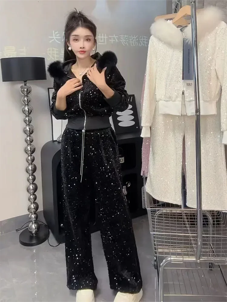 Fashion Velvet Casual Suit Winter Clothes New Sweet Sequins Hooded Fur Collar Sweatshirt Wide Leg Pants Ladies Two-Piece Set