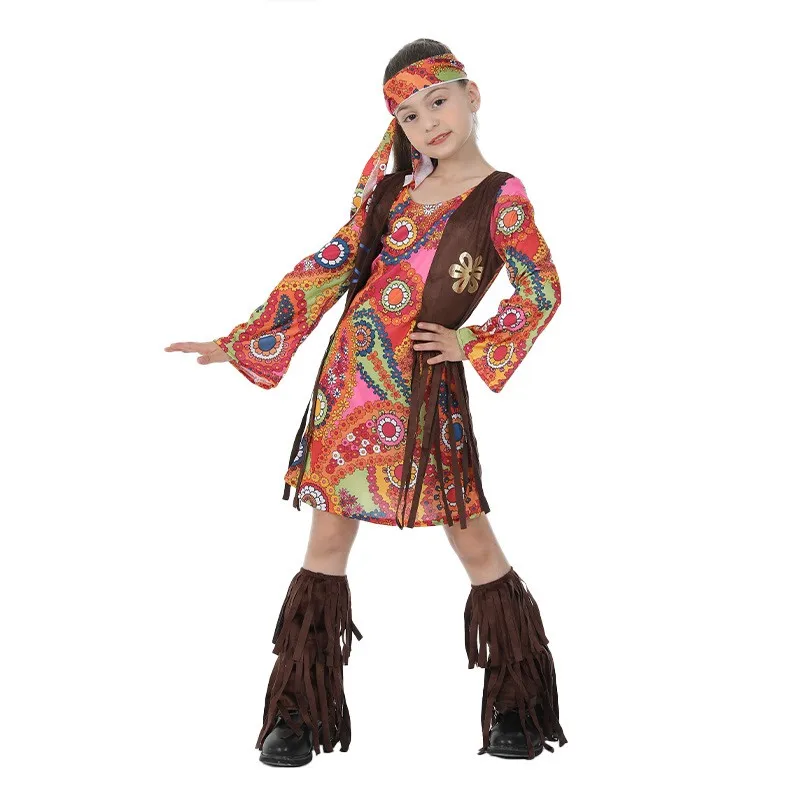 

Halloween Disco Stage Performance Costume Children's Hippie Dress Party Outfit Retro Girl Performance Clothes Polyester Fiber