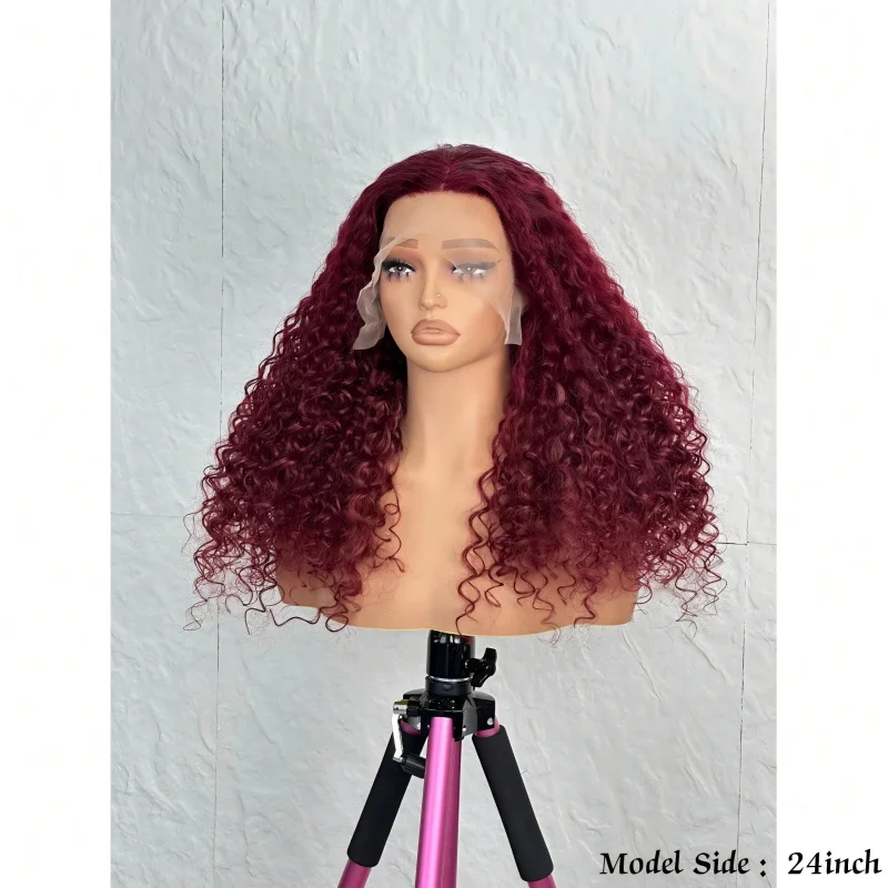 Synthetic 24 Inch Burgundy Deep Curly 13×4 Lace Front Wig, HD Transparent Lace, Dense Spring Curls Voluminous Cosplay Wig For Wo