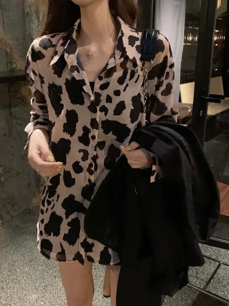 Leopard Print Shirts Blouses Women Spring Summer Thin Sun-proof Shirt Long Sleeve Sexy Casual Loose Chiffon Tops Y2k Clothes 3XL