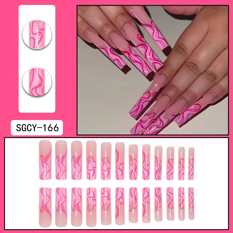 

24pcs Ultra Long Fake Nails Water Pipe Pink Lines Sparkling Nail Patches French Style with Pink Gloss Tips Nail File Jelly Sheet