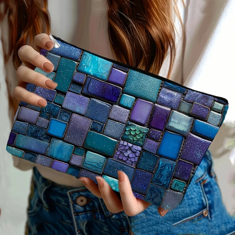 1-piece makeup bag, multifunctional storage bag, purple blue mosaic tile design, travel office decoration selection, toiletries bag, makeup storage box, decoration box, fashionable storage, multifunctional protective cover, makeup enthusiasts