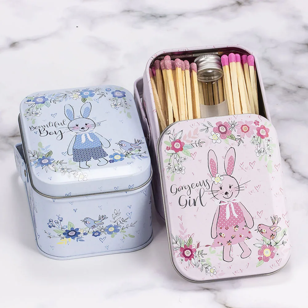 7.5cm Bunny Family Tin Box Matches with Drift Bottle 160 Matchsticks Multi-color Match for Scented Candles Home Decoration