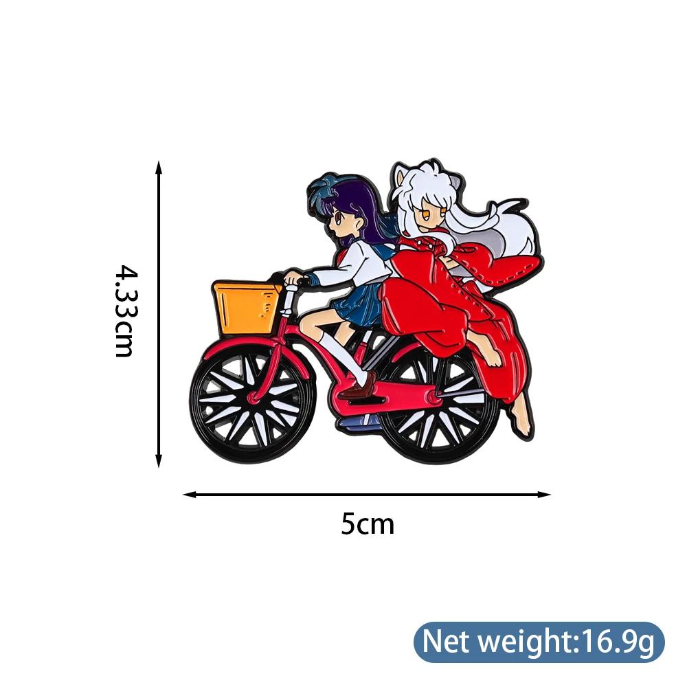 Inuyasha Kagome Riding Bicycle Enamel Pin Classic Anime Movie Figures Brooch Red Bike Metal Badge Lapel Pin Manga Gift for Fans