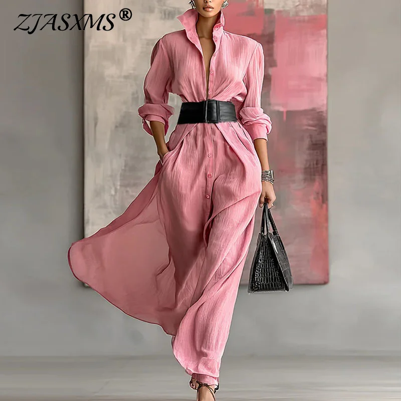 Abito camicia da donna monopetto primaverile da ufficio Abito elegante da donna slim solido Abito da festa autunnale a maniche lunghe a trapezio Vestido