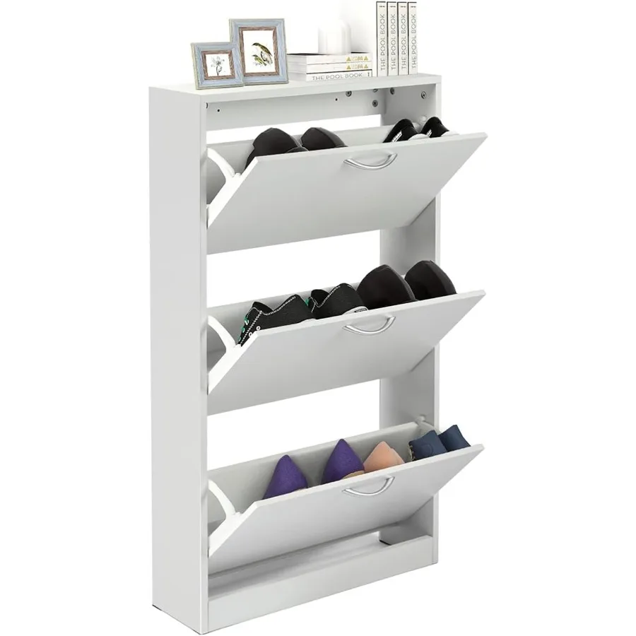 

Shoe Cabinet for Entryway White Narrow Shoe Storage Cabinet Flip Down Shoe Rack Wood 3 Tier Shoe Organizer for Home and Apartme