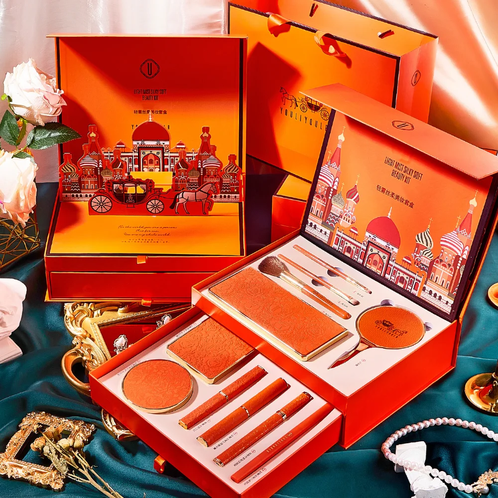 Ensemble de maquillage classique orange pour femme, coussin d'air, poudre BB, mascara, eye-liner, rouge à lèvres, pinceau de maquillage, coffret cadeau de beauté, 11 pièces