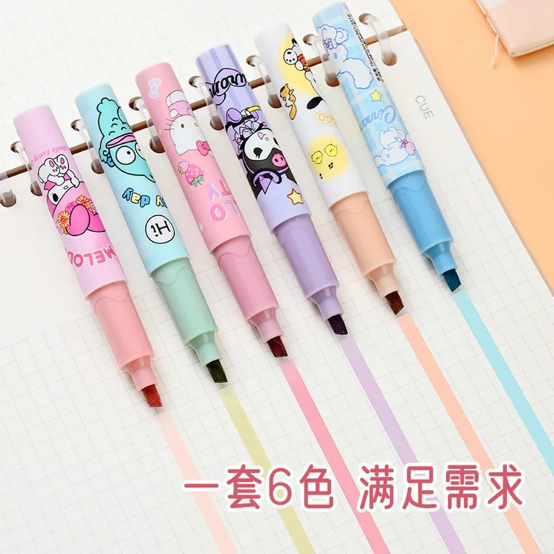 Sanrio Hello Kitty 6-Color Highlighter Pen 6/12pcs Super Soft Head Eye Protection Color Marking Hand Account Note Number Pen