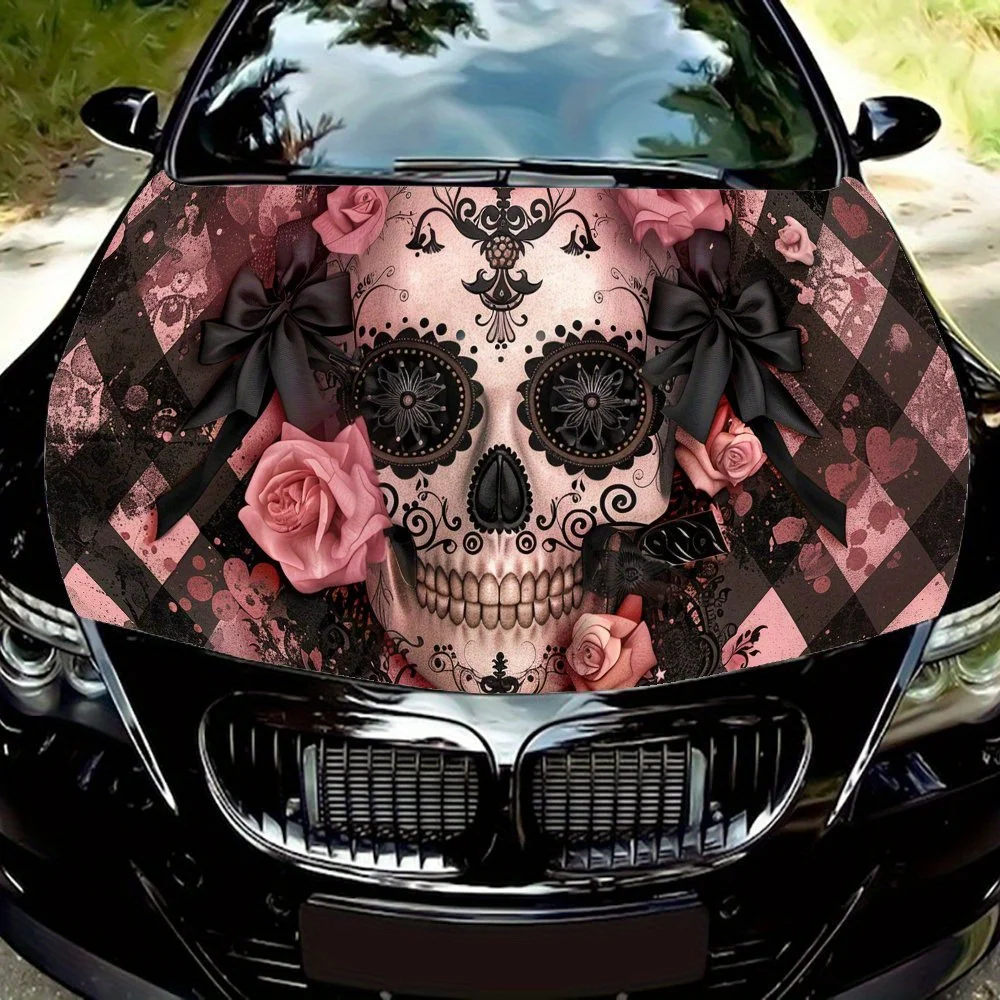 

Розовые и черные автомобильные виниловые обертывания с милым черепом из ПВХ для грузовиков, автомобилей и внедорожников, самоклеящаяся водонепроницаемая наклейка на капот автомобиля, декоративная наклейка Scra