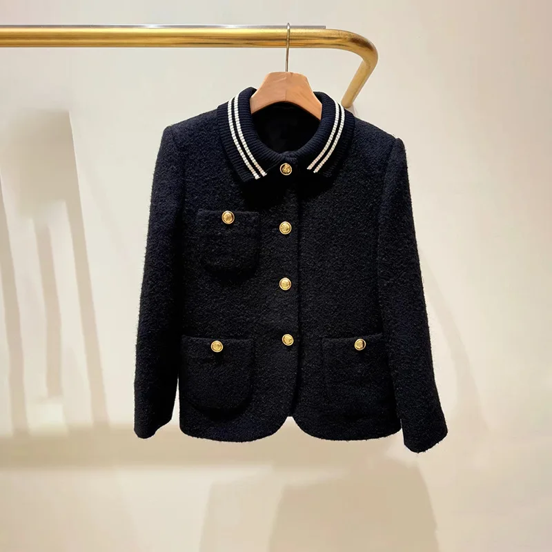 

Minority 2025 Autumn/Winter College Style Striped Polo Neck Black Tweed Metal Button Coat jackets for women