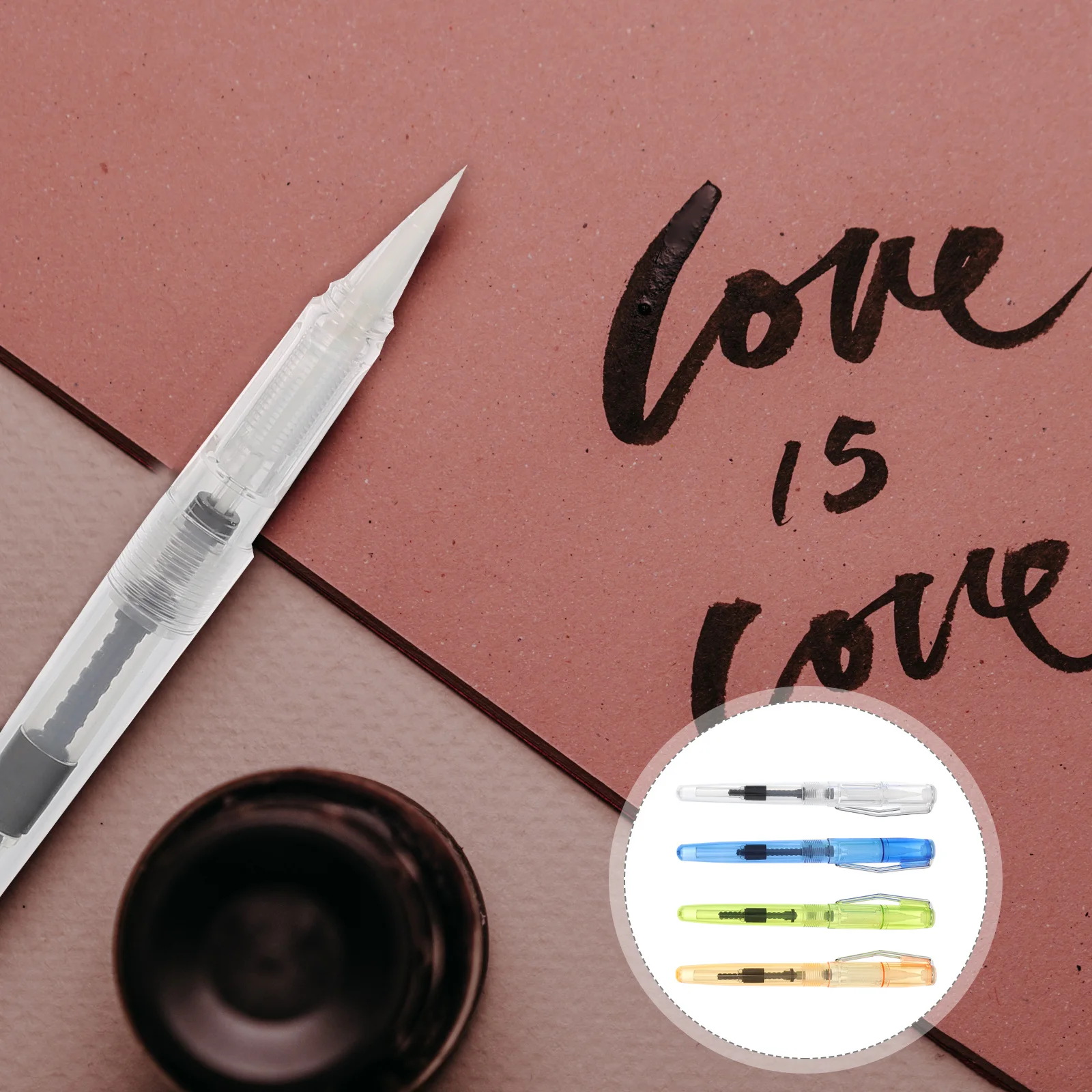 

4Pcs Fountainpen Style Calligraphy Brush Pens Refillable Transparent Body Nylon Hair Ink Reusable Watercolor Drawing Writing Art