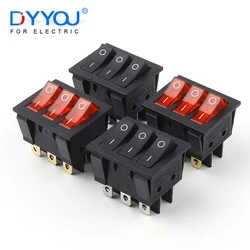 1PCS 40.3X33.3mm Black Triple Power Switch 3 Way With Red Ligh KCD3 9 Pin 2 Position ON-OFF/ON-ON 16A/30A 250VAC Rocker Switches