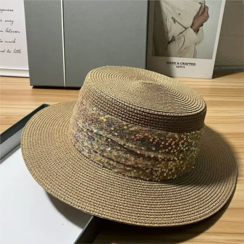 

Girlish atmosphere woven sunshade hat seaside vacation style face-showing small sequined large brim