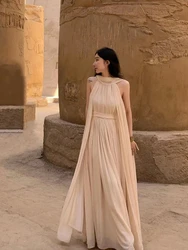 Summer Tourism Resort Long Dress For Women Apricot Color Sleeveless Backless Dress Greece Style Sexy Sleeveless Dress