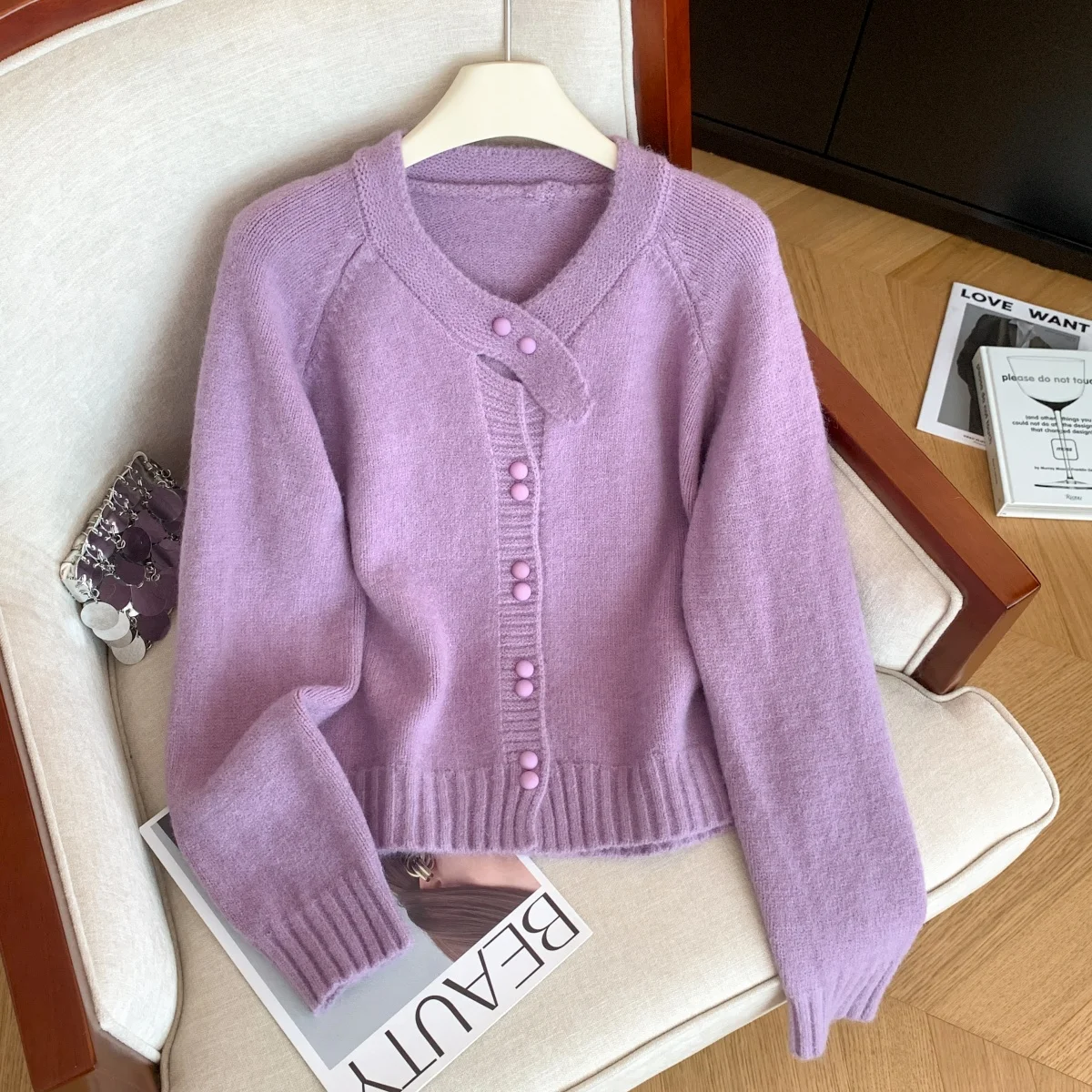 

Кардиган для женщин, фиолетовый свитер Y2k, винтажный элегантный джемпер 2000-х годов, вязаный кашемировый свитер с длинными рукавами и v-образным вырезом, осень-зима 2025