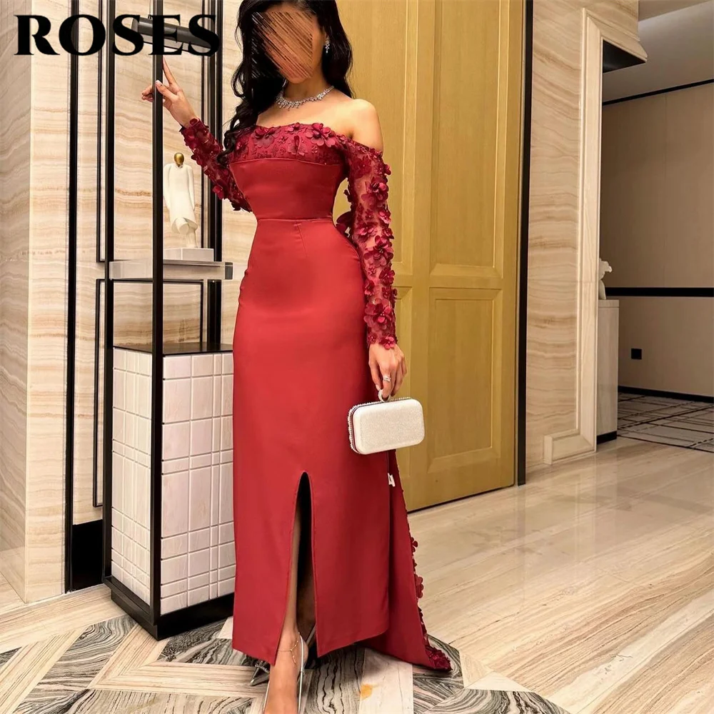 

ROSES Red Stain Evening Gowns Appliques Prom Dress Sweetheart Off the Shoulder Pleats Split Wedding Evening Dresses Customized
