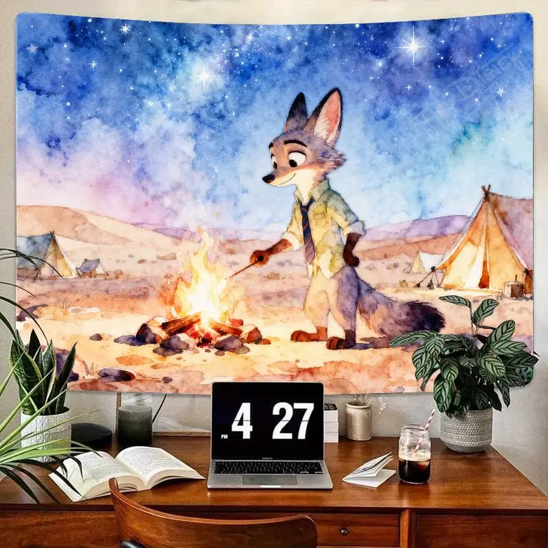 قطعة واحدة من نسيج Zootopia Nick Wilde Fox، ألوان مائية للصحراء والنار المرصعة بالنجوم ليلة جدارية لتزيين غرفة النوم المنزلية الحديثة كهدية.