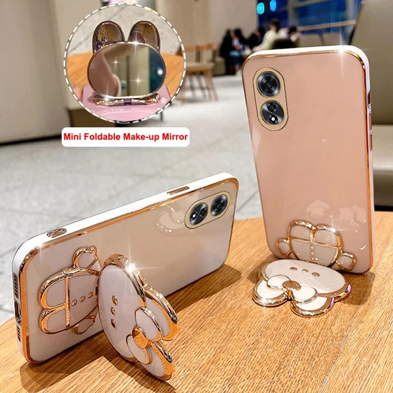 Makeup Mirror Cute Rabbit Phone Holder Case On For Oppo A60 OppoA60 A 60 Girl Woman Used Back Cover