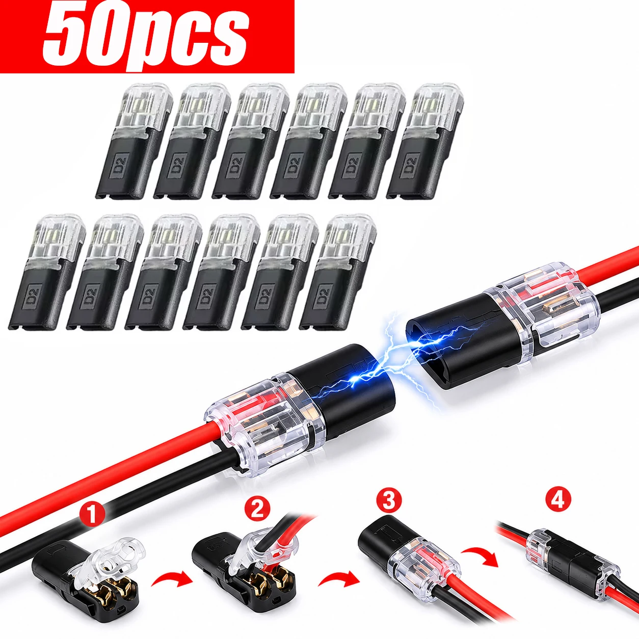 50pcs quick splicing terminal blocks, 2 pin 2 way bi-wire plug-in, contacts, no stripping required, suitable for AWG 18-22,