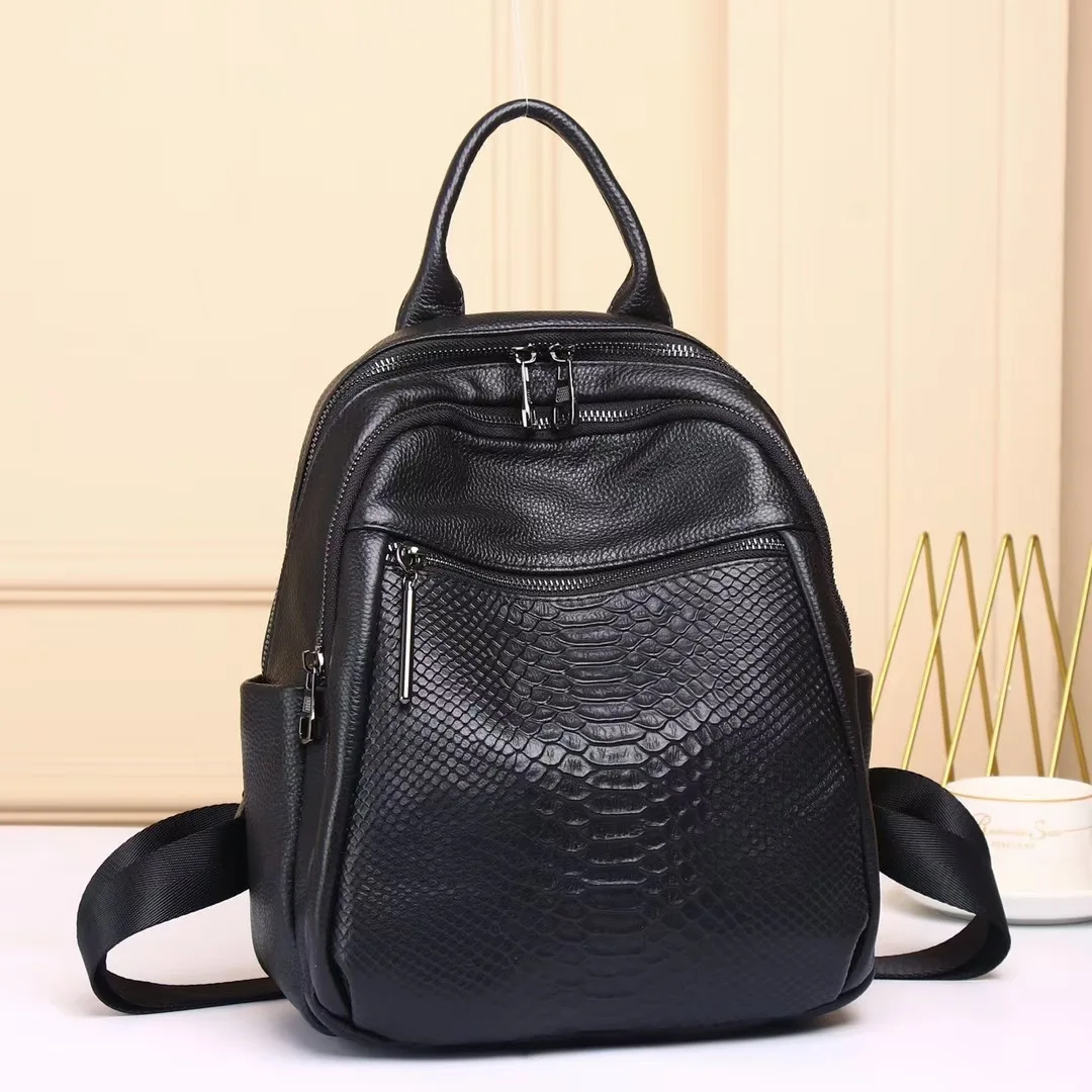 Fashion small backpacks for girls brand black genuine leather women\'s leather backpack bag embossing commute shoulder bags  2023