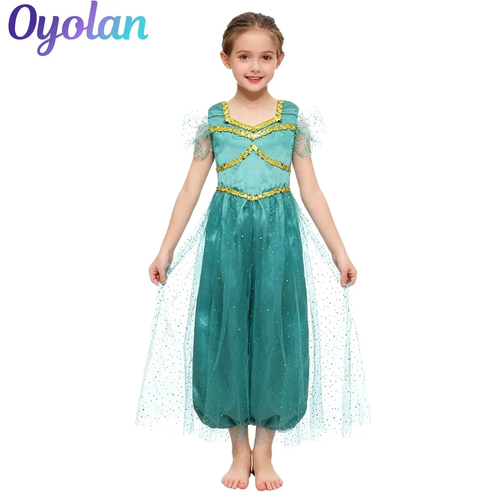 

Girls Halloween Arabian Princess Cosplay Costume Belly Carnival Overlay Romper Jumpsuit Animated Movie Character Cosplay Outfits
