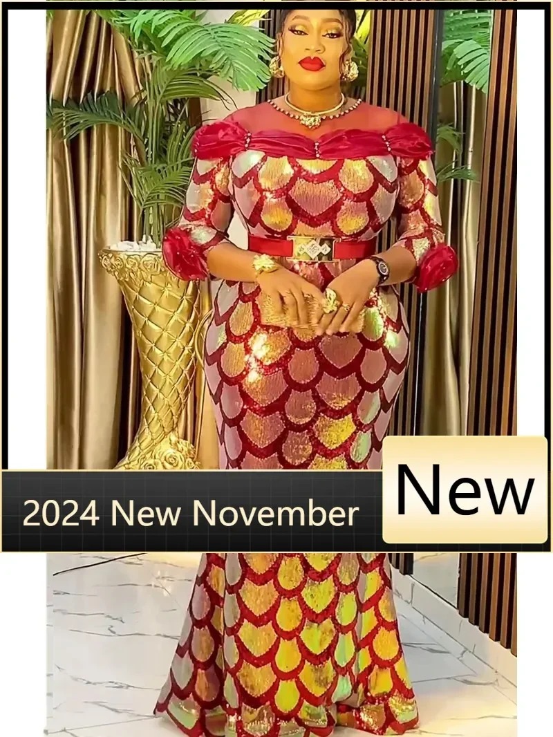 African Dresses for Women 2024 New Fashion Plus Size Sequin Evening Party Long Dress Dashiki Ankara Outfits Robe African Clothes