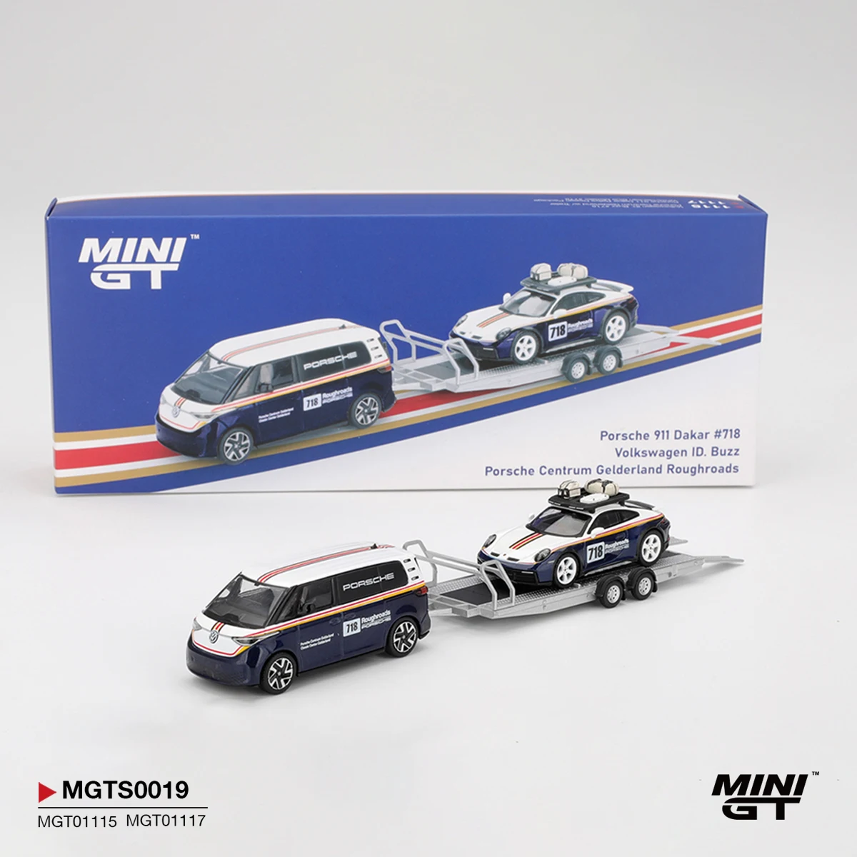 MINIGT MGTS0019 1:64 Roughroads Porsche Rally Set ID.Buzz + 911 + Trailer Limited Luxury Acrylic Display Edition Diecast Model image 3