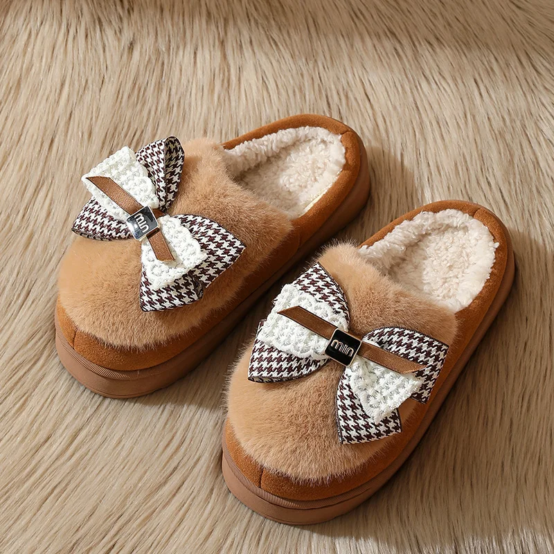 Bow cotton slippers women's winter indoor home thick bottom stepping on poo feeling warm lovely plush home cotton mop