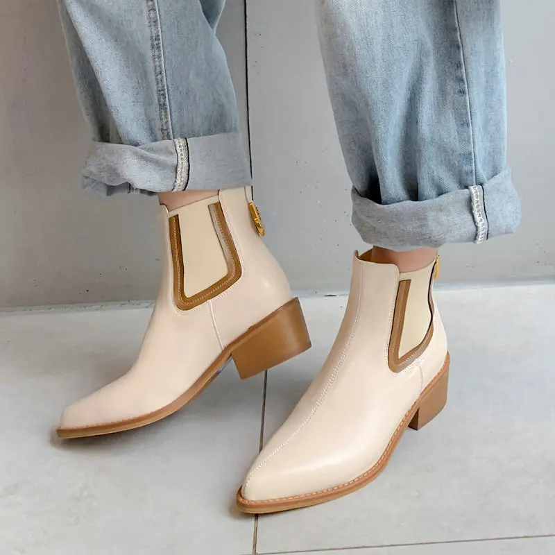 Luksusowe buty z prawdziwej skóry ze spiczastym noskiem masywne obcasy Chelsea Boots na kostkę Western Punk damskie zimowe jesienne buty