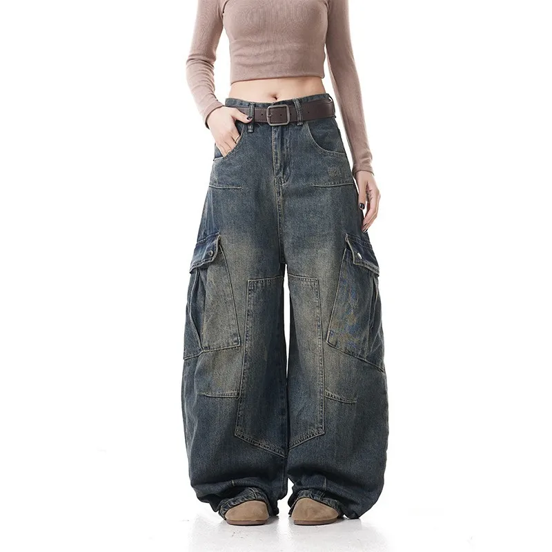 American Street Style Baggy Cargo Jeans, Vintage Washed Distressed Heavyweight Denim Pants Multi Pockets Wide Leg Loose Trousers