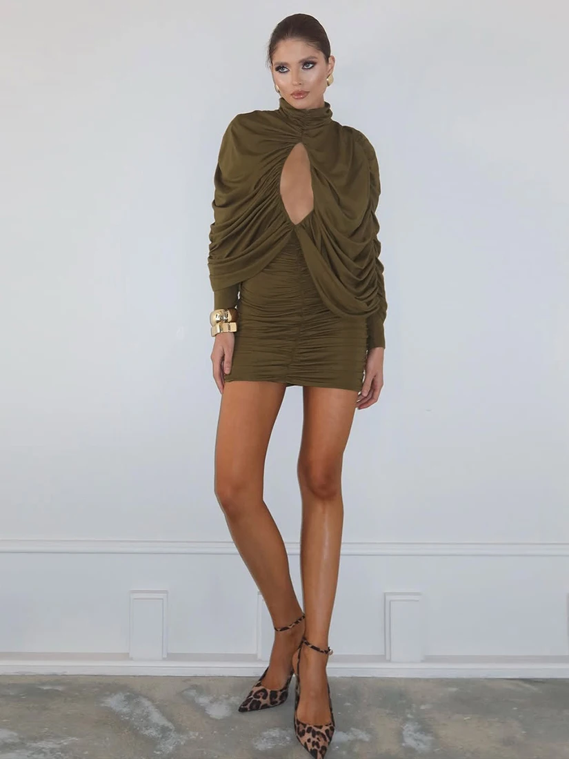 WEIRD PUSS col haut Long Sve évider plissé Dr femme coupe ajustée jupe Sli décontracté Polyester mélange Dr